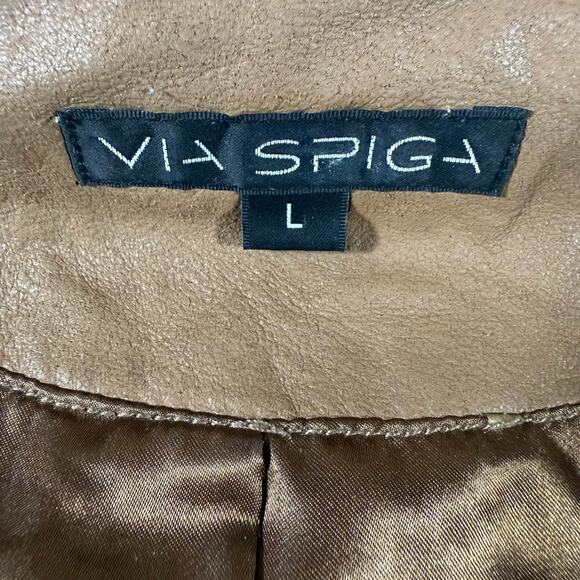 Via Spiga 100% Lamb Leather Jacket Women’s L Brown Gold Zip Moto Style - Picture 4 of 8